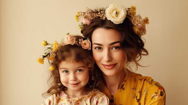 European woman with her daughter wearing a floral wreath on their heads,, love of mum and daughter concept 