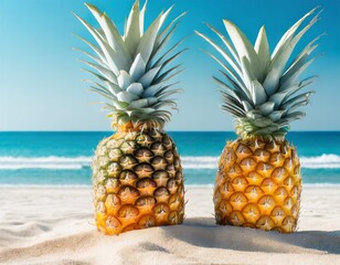 tropical pineapple drinks, on the beach, bright blue sky, white, minimalistic; summer concept; space for text