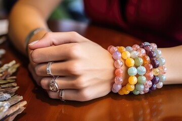 Woman's left hand with rings and bracelets made from natural stones, white skin, boho style - obrazy, fototapety, plakaty