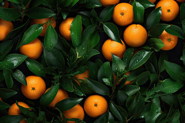 tangerines with leaves background 