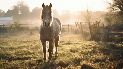 Image of beautiful horse in a ranch with morning haze.