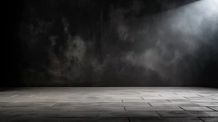 Dekokissen Horizontal image of dark and empty space of Studio grunge texture background with spot lighting and fog or mist in background. © Kartika