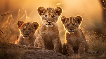 Image of a group of young cubs curiously looking straight into the camera in the savannah.