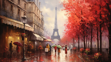 oil painting on canvas, street view of Paris. Artwork. eiffel tower . people under a red umbrella. Tree. France