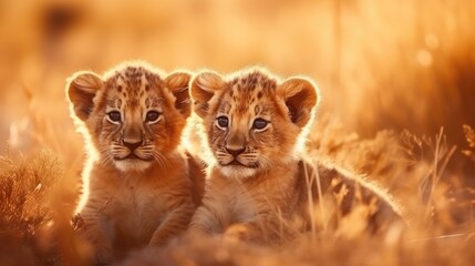 Obraz premium Image of a group of young cubs curiously looking straight into the camera in the savannah.