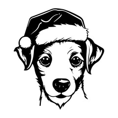Cute Jack Russell Terrier Dog wearing Santa hat head, Christmas illustration, Generative AI.