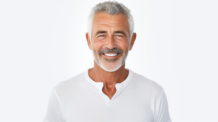 Portrait of smiling mature man standing on white background, ai technology - obrazy, fototapety, plakaty