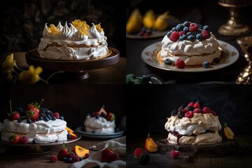 Meringue Cake, Pavlova Dessert, Fruit Berry White Meringue Cake, Abstract Generative AI Illustration