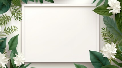 Fototapeta na wymiar A frame of tropical leaves around a white empty space. Layout of a frame made of tropical elements for your creativity