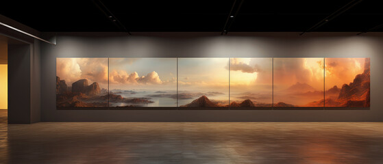 Art gallery with nature landscape paintings. Spacious area for artist exhibition. Modern art at museum. Generative ai.