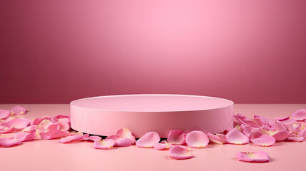 Pink podium with rose pink petals on pink background