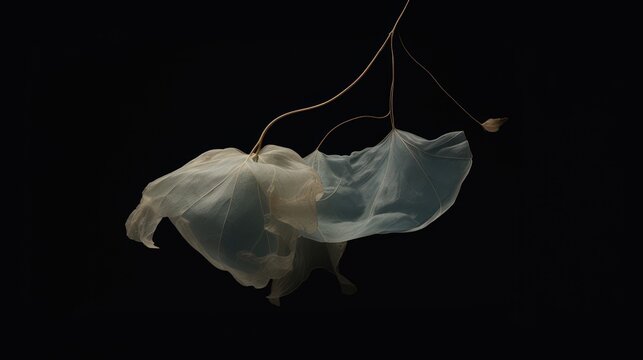  a white cloth hanging from a string on a black background with a black background and a white cloth hanging from a string on a black background with a black background.