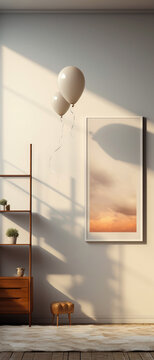 Cozy beige interior apartment mockup.Vertical display, for product presentation.  Walpaper background. Generative ai.	