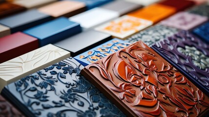 Closeup of colorful ceramic tiles in a shop window. - obrazy, fototapety, plakaty
