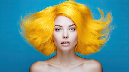 Naklejka premium Beautiful woman with yellow hair, Hair care product banner 
