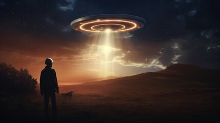 Fototapeta premium UFO / spaceship in the sky, concept: Extraterrestrial life, 16:9