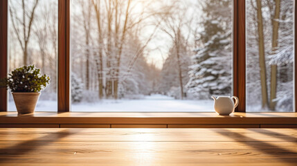 Room with table and window, window view. winter landscape 