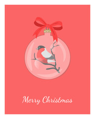 Christmas glass bauble. Bullfinch bird inside transparent Christmas ball with red ribbon. Christmas greeting card on red background.