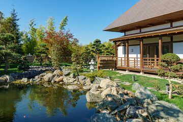 Beautiful view of Japanese garden in public landscape park of Krasnodar or Galician park, Russia
