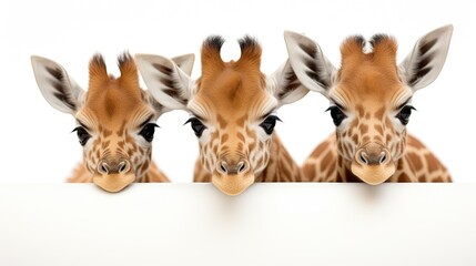 Fototapeta na wymiar Three head of baby giraffe looking at camera, isolated over white background.
