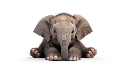Image of newborn elephant sleepy isolated on white background.