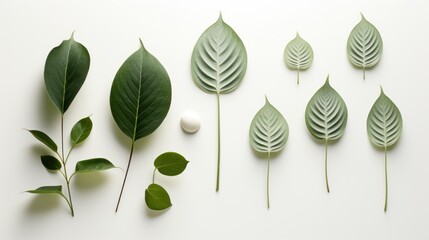  a group of different types of leaves on a white surface with a white ball in the middle of the image and a white ball in the middle of the image.