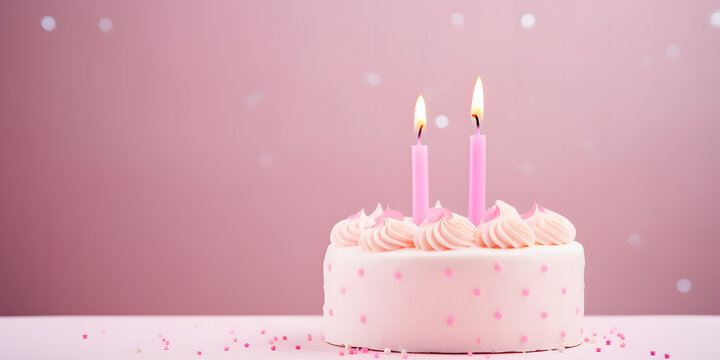 Birthday banner with two cake with burning candles in front of pink studio background