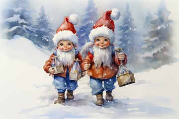 AI piccoli elfi di Natale, acquerello 01