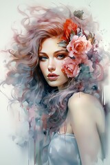 Fototapeta premium AI ritratto di giovane donna con fiori colorati, acquerello 06