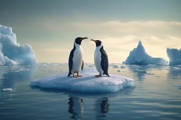 Two penguins stand on melting ice in Arctic Ocean at dusk at sunset, global warming concept, world global planet climate change. Two cute emperor penguins confused by ice melting. Generative AI