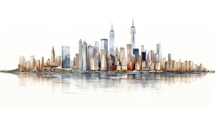 Wide angle panoramic view of lower Manhattan area of New York City during sunrise or sunset. Low...