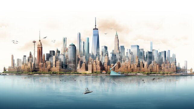 Wide angle panoramic view of lower Manhattan area of New York City during sunrise or sunset. Low poly model city with dark 3D rendered buildings. Concept of blackout, America, architecture and art.