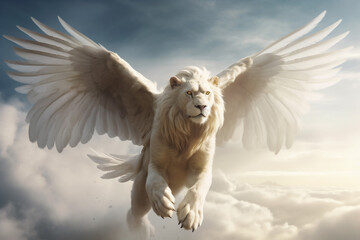 white lion with wings. Generative AI.