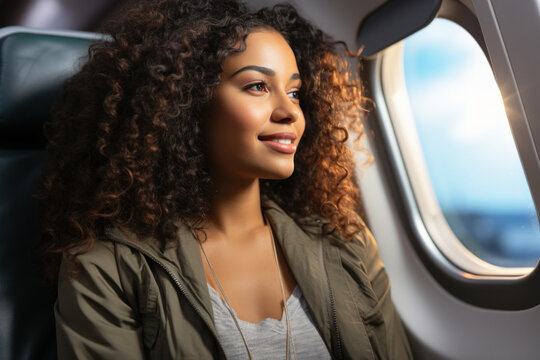 African woman sits in an airplane seat during a flight and looks through the porthole