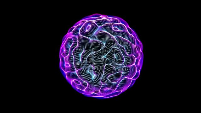 3D sphere with waving pixelated AI human brain-like surface on black background. Abstract concept of artificial intelligence, future science or nuclear fusion. Looped video of plasma matter flow