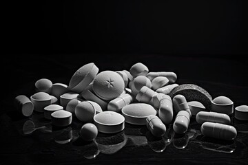 Pills and capsule on black background. Black and white tone in the dark backdrop.