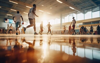Fototapeta premium Realistic photo of basketball indoors, with blurred background. generative ai
