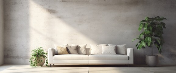 Soft ambient light accentuates the elegance of a white sofa and a carefully curated houseplant, harmonizing with the rough texture of a concrete wall.