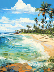 A Beach With Palm Trees And Waves - Wide paradise beach panorama background