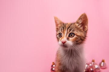 Close-up portrait of small cute tricolor kitten on bright pink isolated background with Christmas balls. Adopting pets from shelter. Holidays with animals. Mock up, copy space