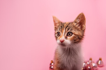 Close-up portrait of small cute tricolor kitten on bright pink isolated background with Christmas...