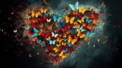 Fototapeta na wymiar Colorful butterflies in heart shape on grunge background with copy space. Love Concept. Valentine Concept.