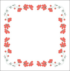 Colorful vegetal ornamental frame with cosmos red flowers, decorative border, corners for greeting cards, banners, business cards, invitations, menus. Isolated vector illustration.	