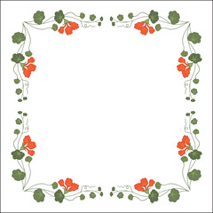 Colorful vegetal ornamental frame with nasturtium flowers, decorative border, corners for greeting cards, banners, business cards, invitations, menus. Isolated vector illustration.	
