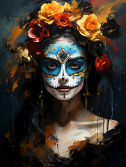 A Woman With Face Paint And Flowers In Her Hair - Woman with dia de los muertos makeup black