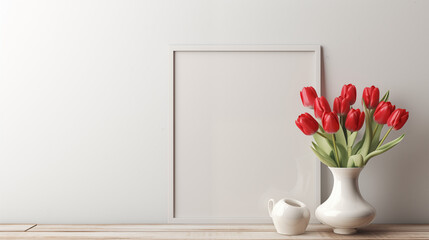 Oval shape flower Vase with empty frame with living room, blank picture frame mockup, flower vase and small jug on the interior of wooden, empty copy space, Modern living room design interior 
