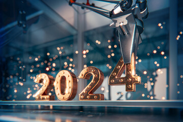 Using its 3-axis arm, the robot meticulously arranges the 2024 New Year's Eve inscription. As sparks cascade in the background. 3d render - obrazy, fototapety, plakaty