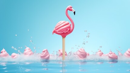 Pink stick ice cream melting with flamingo float on pastel blue background. Creative idea minimal summer concept. 3d rendering