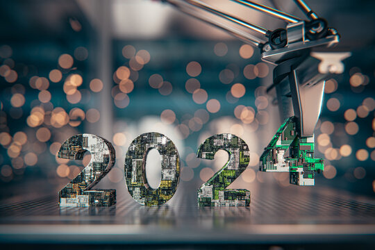 Using its 3-axis arm, the robot meticulously arranges the 2024 New Year's Eve inscription, which is composed of electronic plates with intricate parts. As sparks cascade in the background. 3d render
