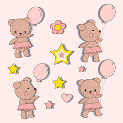 Teddy bear with balloons, stars, heart, flower. Set, collection.Cute animals.Vector illustration. T- shirt design print for girl, baby, newborn, kids, children clothes. Textile, fabric,greeting card, 